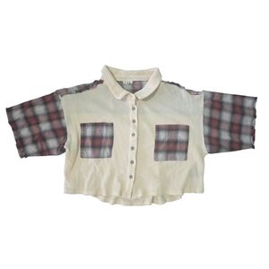 POL Cropped Plaid Spliced Button Up Shirt Womens Sz S Waffle Pattern Cream Red